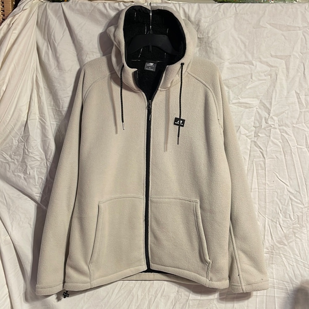 New Balance Fleece Hoodie Jacket Mens Large Fuzzy Full Zip Hood L Off White